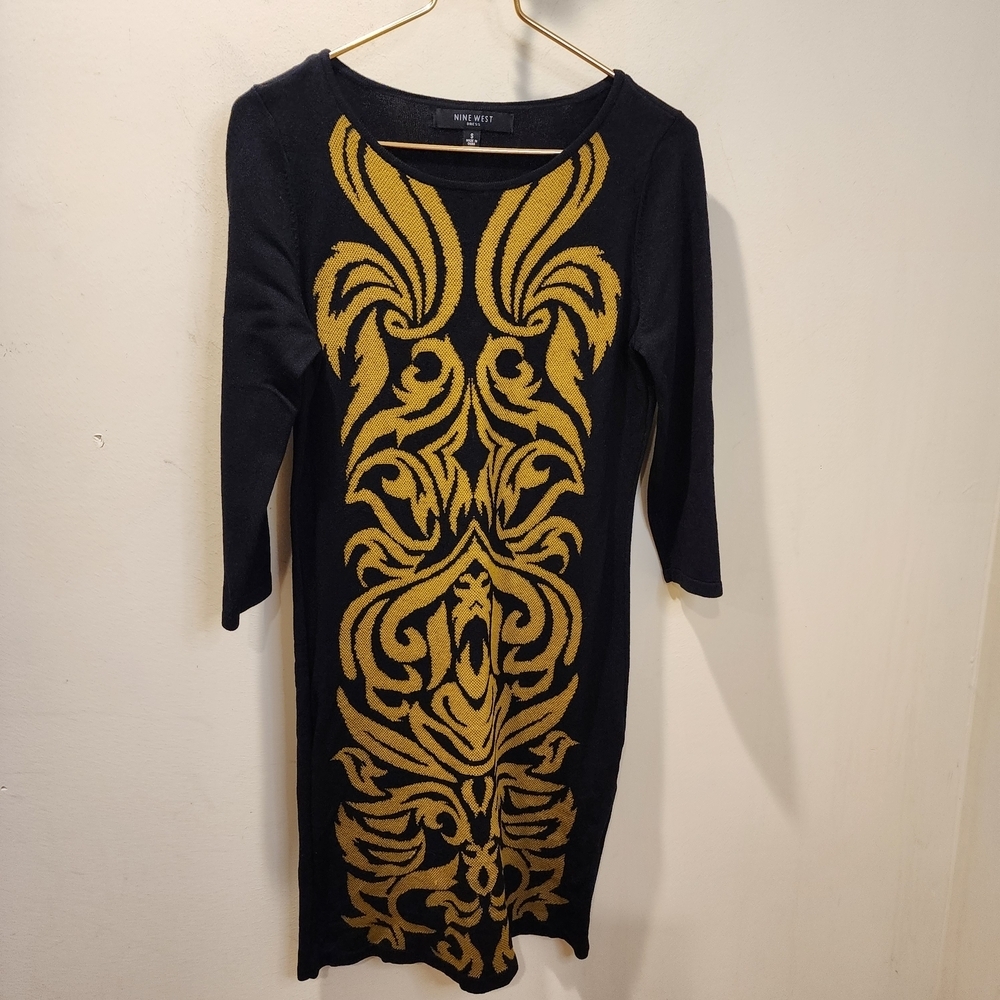 NINE WEST Black and Gold Knit Fitted Dress Size S
